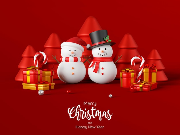 Рождественская открытка снеговика с рождественскими подарками, 3d иллюстрация