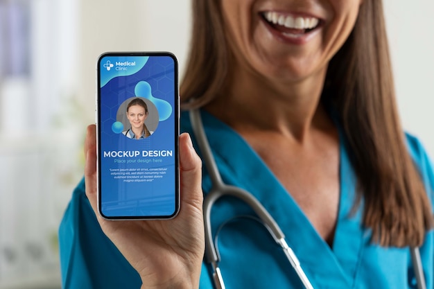 PSD clinic doctor holding phone mockup