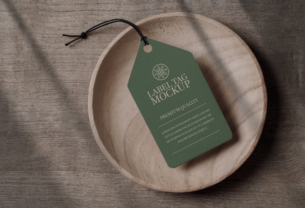 Close up on label tag mockup in a wooden bowl