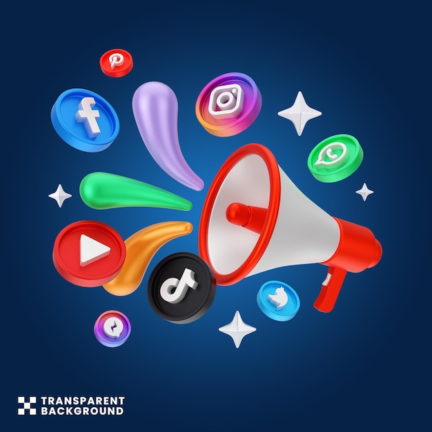 PSD Креативная концепция социальные сети цифровой маркетинг 3d иллюстрация красочные мегафон коммуникации