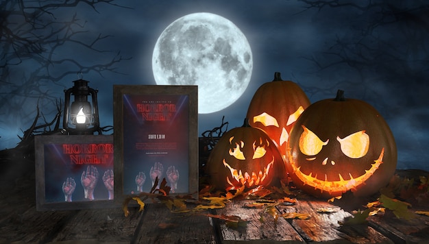 PSD Жуткая аранжировка на хэллоуин со страшными тыквами и постерами ужасов в рамке