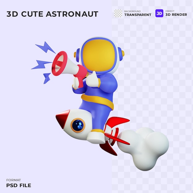 PSD cute astronaut riding rocket cartoon 3d illustration science technology icon concept 3d cartoon style