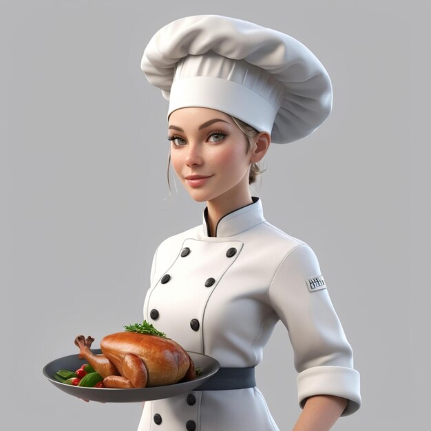 PSD Женщина-повар с подносом с едой и тарелкой с едой