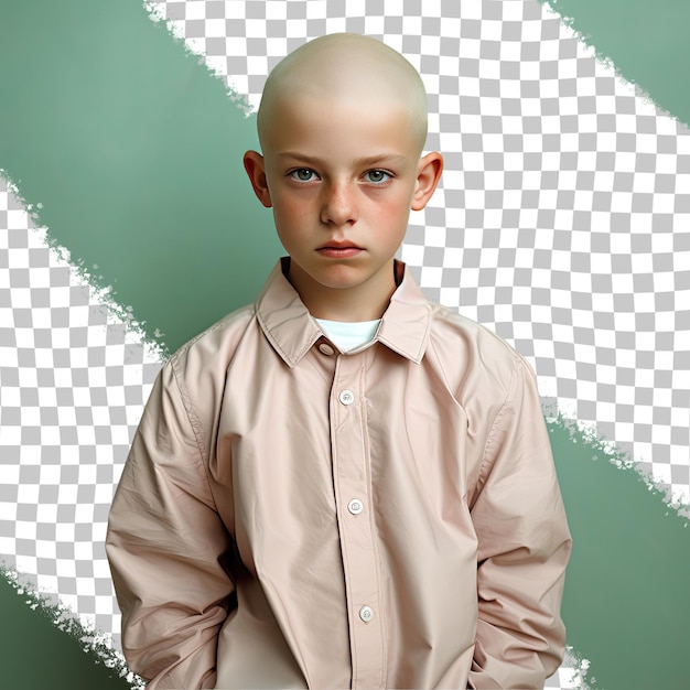 PSD Печальный мальчик с лысыми волосами из славянской этнической группы, одетый в костюм физиотерапевта, позирует в стиле leaning against a wall на пастельно-зеленом фоне
