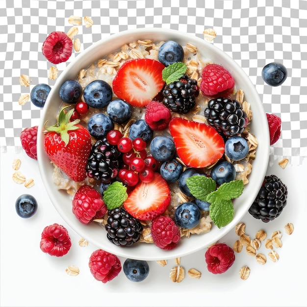 PSD a bowl of cereal with berries and berries on a checkered background