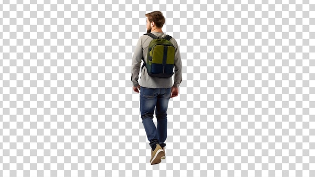 Back view of young man with backpack walking isolated on transparent background