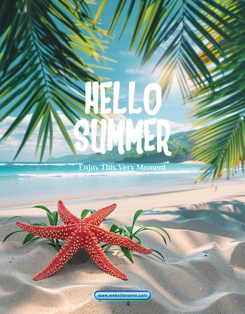 PSD Красивый летний плакат с красной морской звездой и морским фоном
