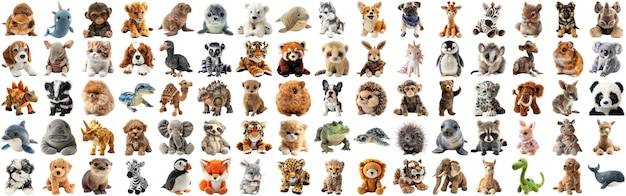 PSD Большой набор милых пушистых кукол животных для детей игрушки изолированный фон aig44