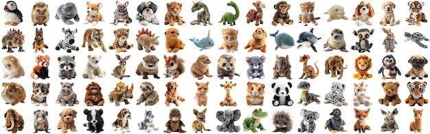 PSD Большой набор милых пушистых кукол животных для детей игрушки изолированный фон aig44