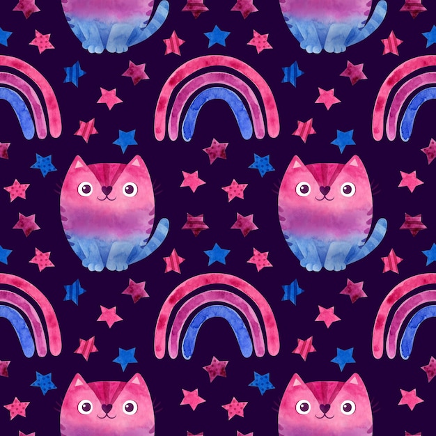 PSD bisexual pride seamless pattern with cute cats rainbows stars lgbt clipart psd bi pride