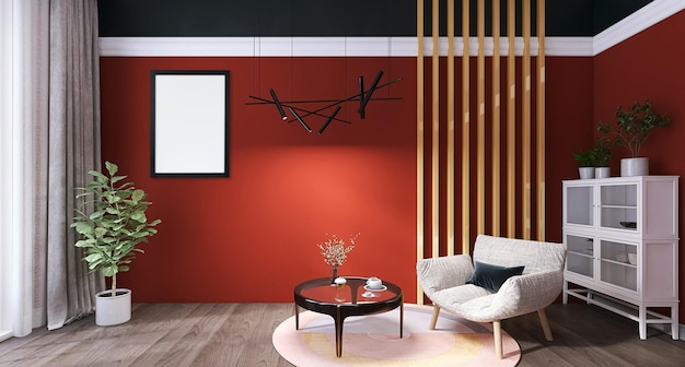 소파 유리 테이블 빨간색 벽이 있는 현대적인 거실 인테리어 디자인의 빈 사진 프레임 모형