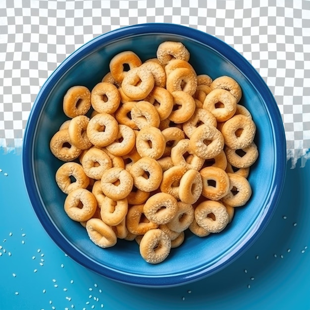 PSD breakfast cereal rings in a blue bowl on transparent background