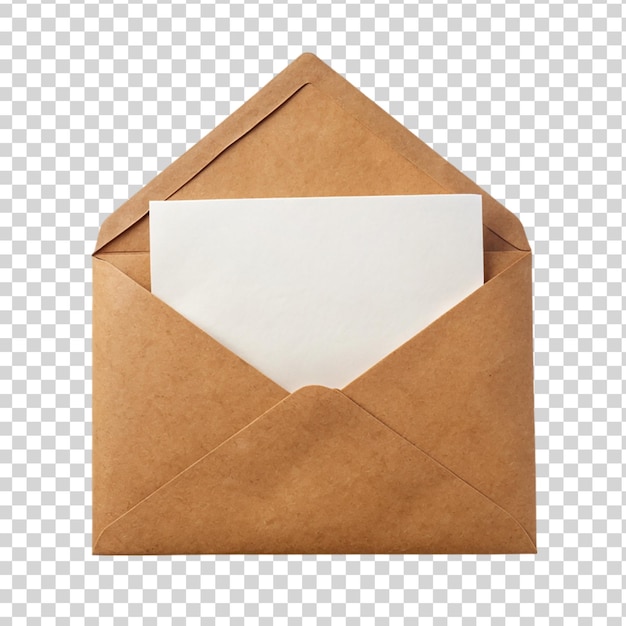 PSD Коричневый конверт с белой пустой карточкой на прозрачном фоне