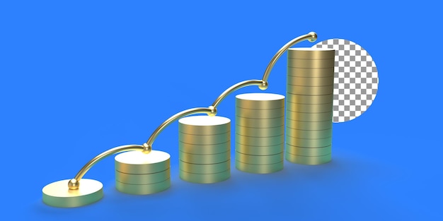 PSD Рендеринг золотых 3d монет с диаграммой роста доходов 3d финансовая диаграмма роста бизнеса
