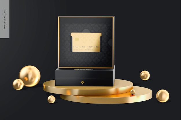 Мокап коробки с золотой кредитной картой