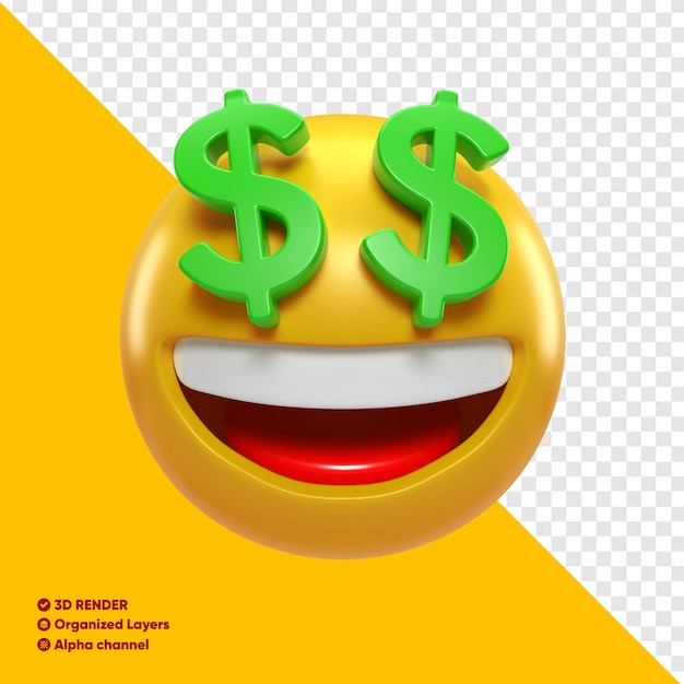 PSD emoji smiling with 3d dollar sign eyes for compositing