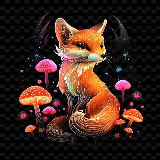 PSD fox enchanting twilight squiggly neon lines glowing mushroom png y2k shapes transparent light arts
