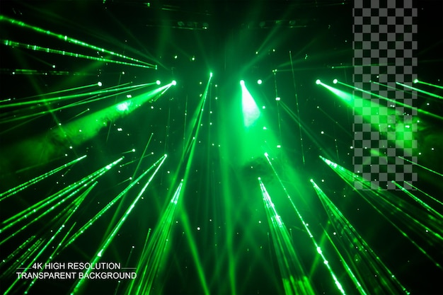 PSD Снизу снимок ярких лучей зеленого лазерного света на прозрачном фоне