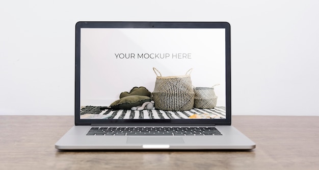 Front view of laptop mock-up for interior decoration