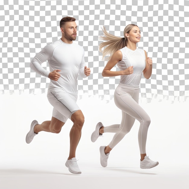 PSD Полный кадр молодого мужчины и женщины в спортивной одежде, бегущих на прозрачном фоне