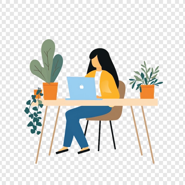 PSD kobieta siedzi przy stole z laptopem i rośliną w garnku