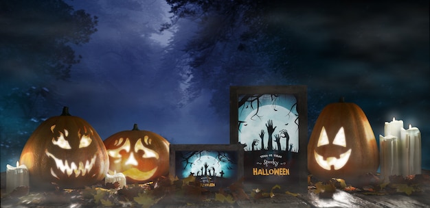 Хэллоуин со страшными тыквами и постерами ужасов