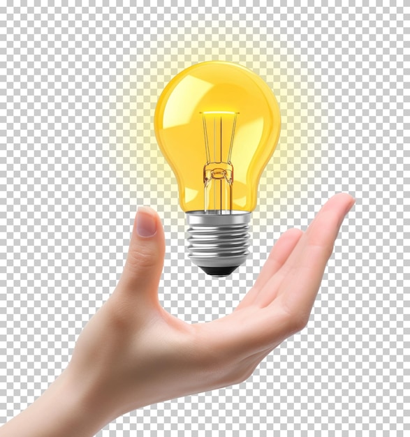 PSD hand presenting yellow lightbulb isolated on transparent background