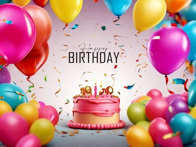 PSD Дизайн поздравительной открытки с днем рождения с воздушными шарами и праздничным тортом