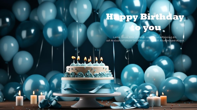 PSD Счастливого дня рождения на фоне с воздушными шарами конфети шляпа и торт на день рождения в синем