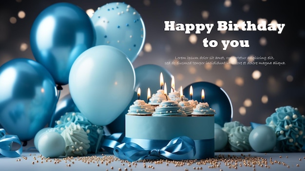 PSD Счастливого дня рождения на фоне с воздушными шарами конфети шляпа и торт на день рождения в синем