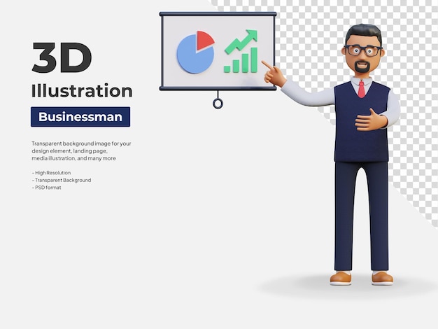 PSD Счастливый бизнесмен представляет бизнес-отчет аналитическую трехмерную иллюстрацию персонажа