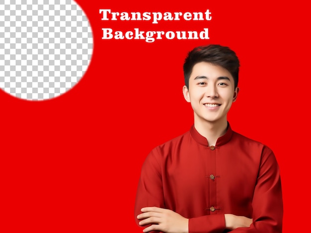 PSD Счастливый молодой человек в китайской рубашке красный фон прозрачный