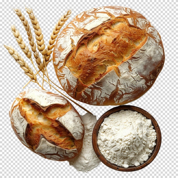 Высокоугольный вид свежевыпеченного хлеба, окруженного зернами, изолированными на прозрачном фоне