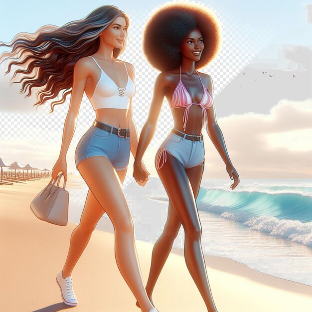 PSD Гиперреалистическая векторная искусство иллюстрация женского разнообразия сестринства дружбы пляж закат океан
