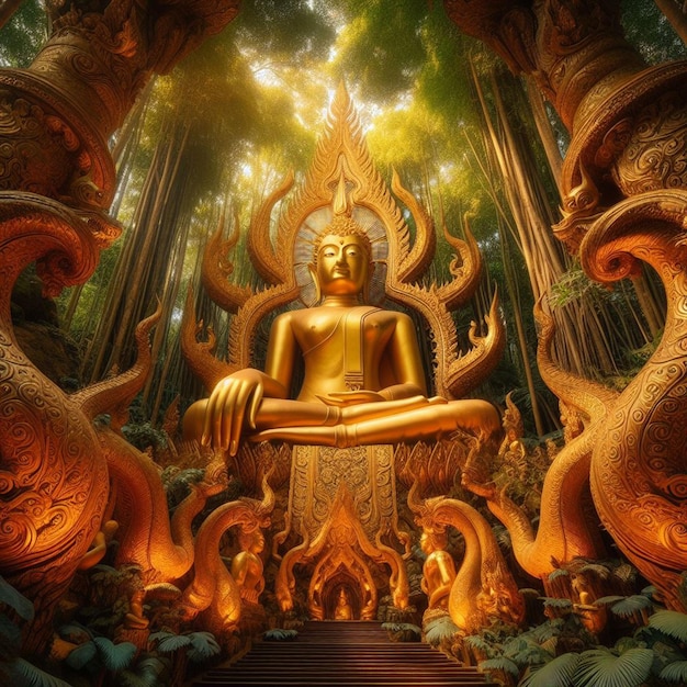 PSD Гиперреалистическая святая священная золотая статуя будды в джунглях светит на солнце для молитвы рук