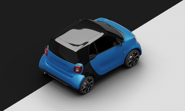 PSD isolated realistic shiny metalic blue modern sport mini city car from top right rear view
