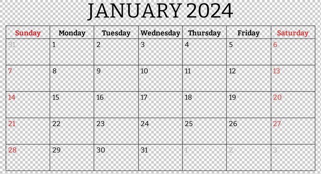 PSD january 2024 english month calendar psd printable illustration monthly planning for business events