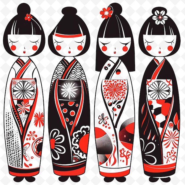 PSD japońskie lalki kokeshi z tradycyjnymi wzorami ludowymi border png unikalne stylizowane motywy