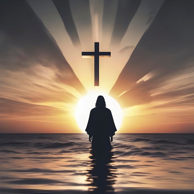 PSD Силуэт иисуса христа с закатом солнца на побережье