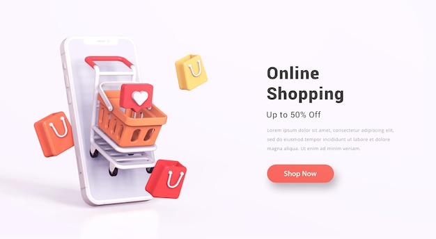 PSD online shopping store concept on mobile phone with 3d shopping cart shopping bag and like icon
