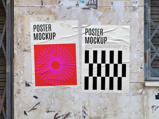 Mockup of a couple of crumpled posters on a grunged tile background with windows