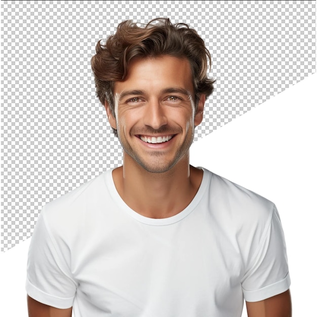 PSD a man with a white shirt that says quot hes smiling quot