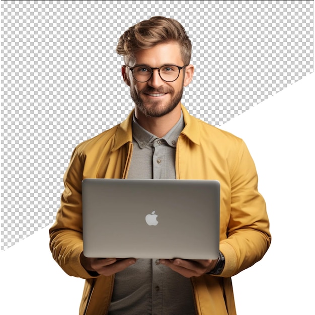 Человек в желтой куртке держит компьютер MacBook