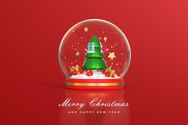 Merry christmas and happy new year with 3d snowball and christmas ornaments