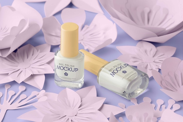Nail polish bottle design mock-up with paper flowers