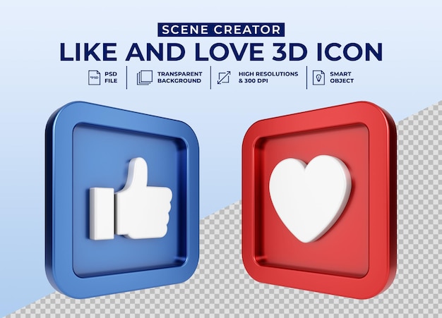 Социальные сети Like and Love минималистичный значок 3d кнопки для создателя сцены