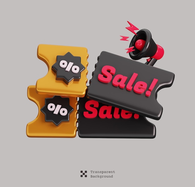 PSD sale gift voucher discount coupon with megaphone isolated black friday shopping 3d illustration