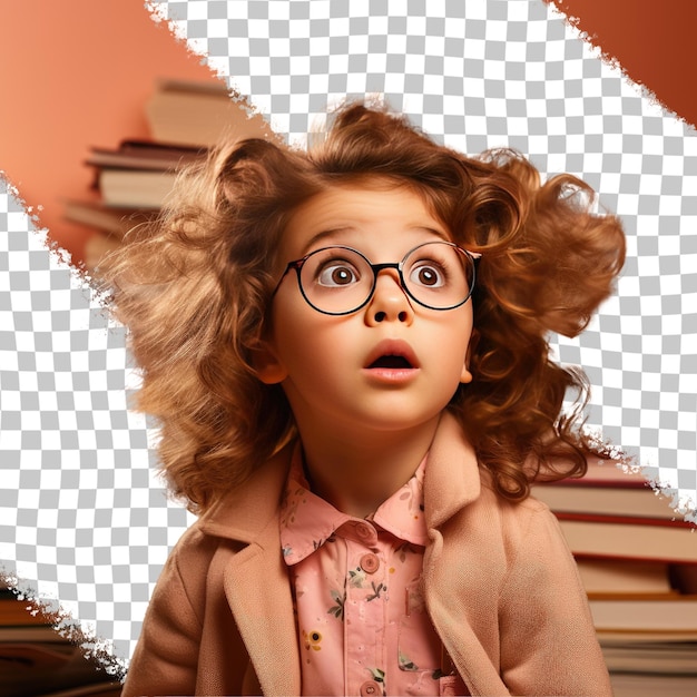 PSD сканди-девочка, тревожная малышка с волнистыми волосами, драматически позирует на коралловом фоне в библиотечном наряде