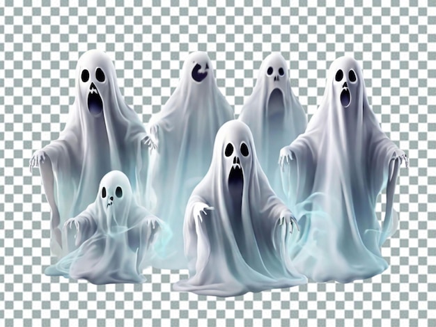 PSD Набор полупрозрачных призраков счастливых грустных или сердитых улыбающихся силуэтов призраков png