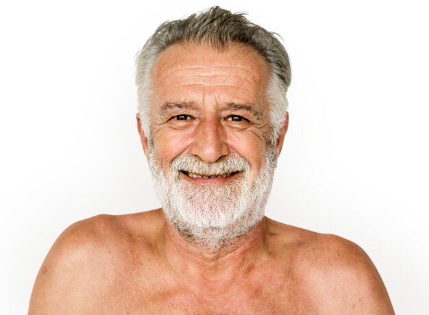 PSD senior adult man mustache smiling bare chest studio portrait